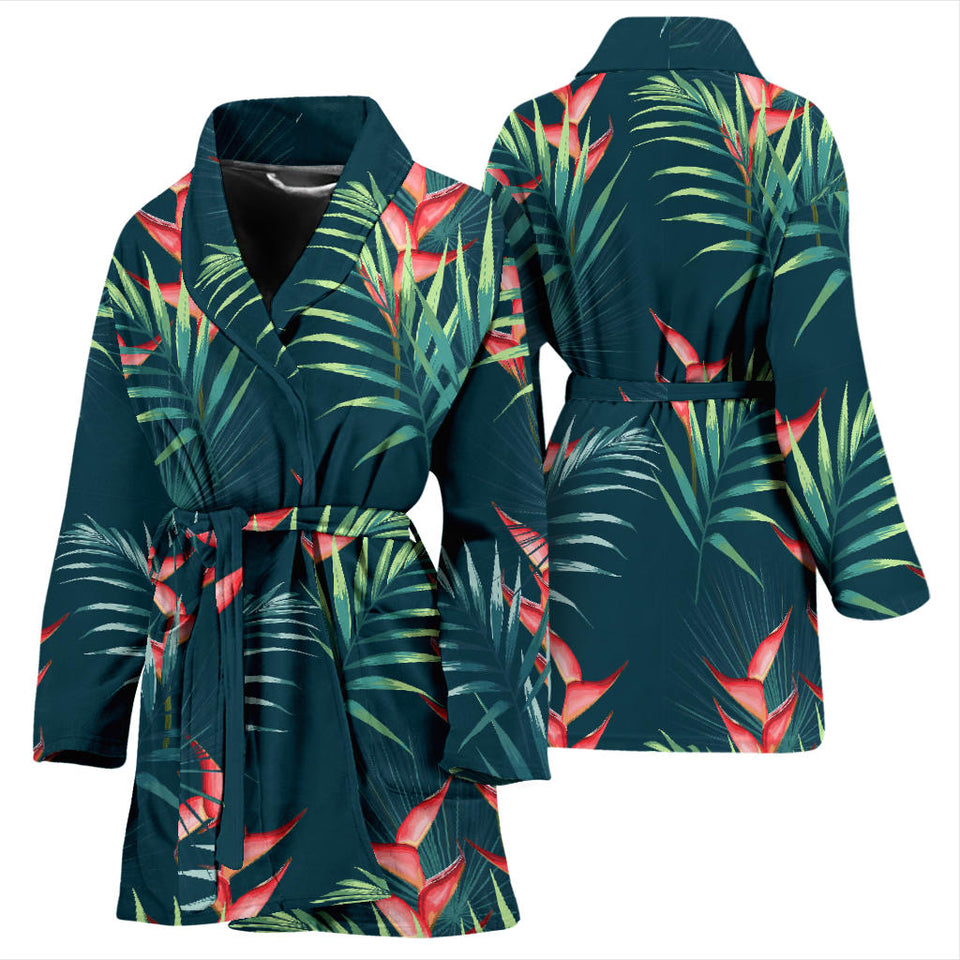 Heliconia Flowers, Palm And Monstera Leaves On Black Background Pattern Women'S Bathrobe