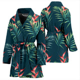 Heliconia Flowers, Palm And Monstera Leaves On Black Background Pattern Women'S Bathrobe