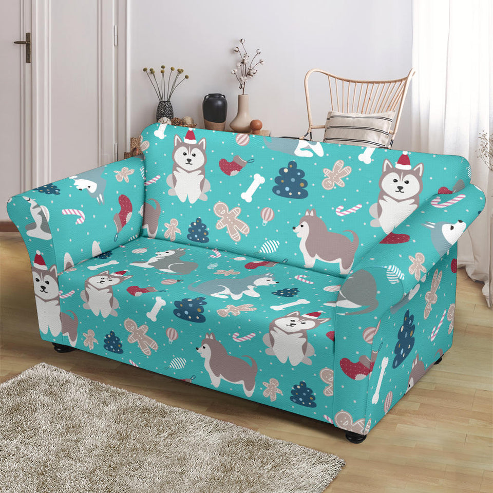 Christmas Cute Siberian Husky Puppie Pattern Loveseat Couch Slipcover