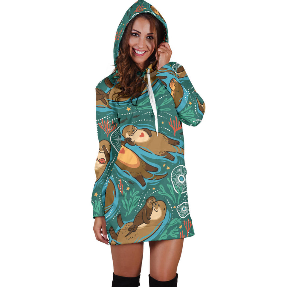 Cute Brown Sea Otters Ornamental Seaweed Corals Green Water Women'S Hoodie Dress