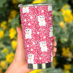 Maneki Neko Lucky Cat Sakura Pink Background Tumbler