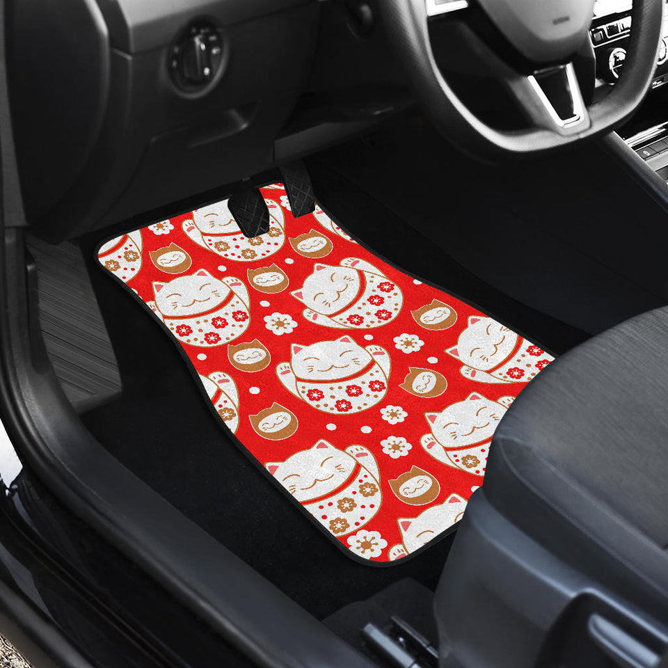 Cute Maneki Neko Lucky Cat Red Background Front And Back Car Mats