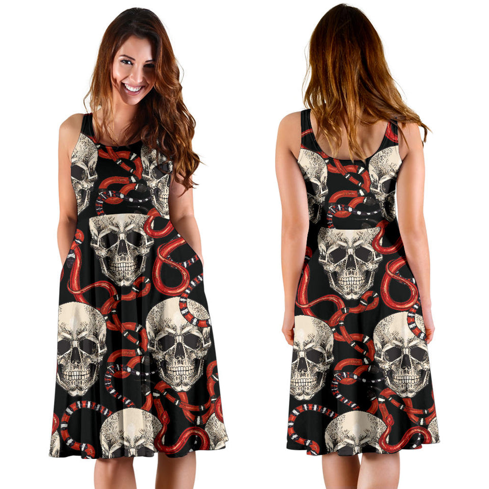Red Snake Skull Pattern Sleeveless Midi Dress