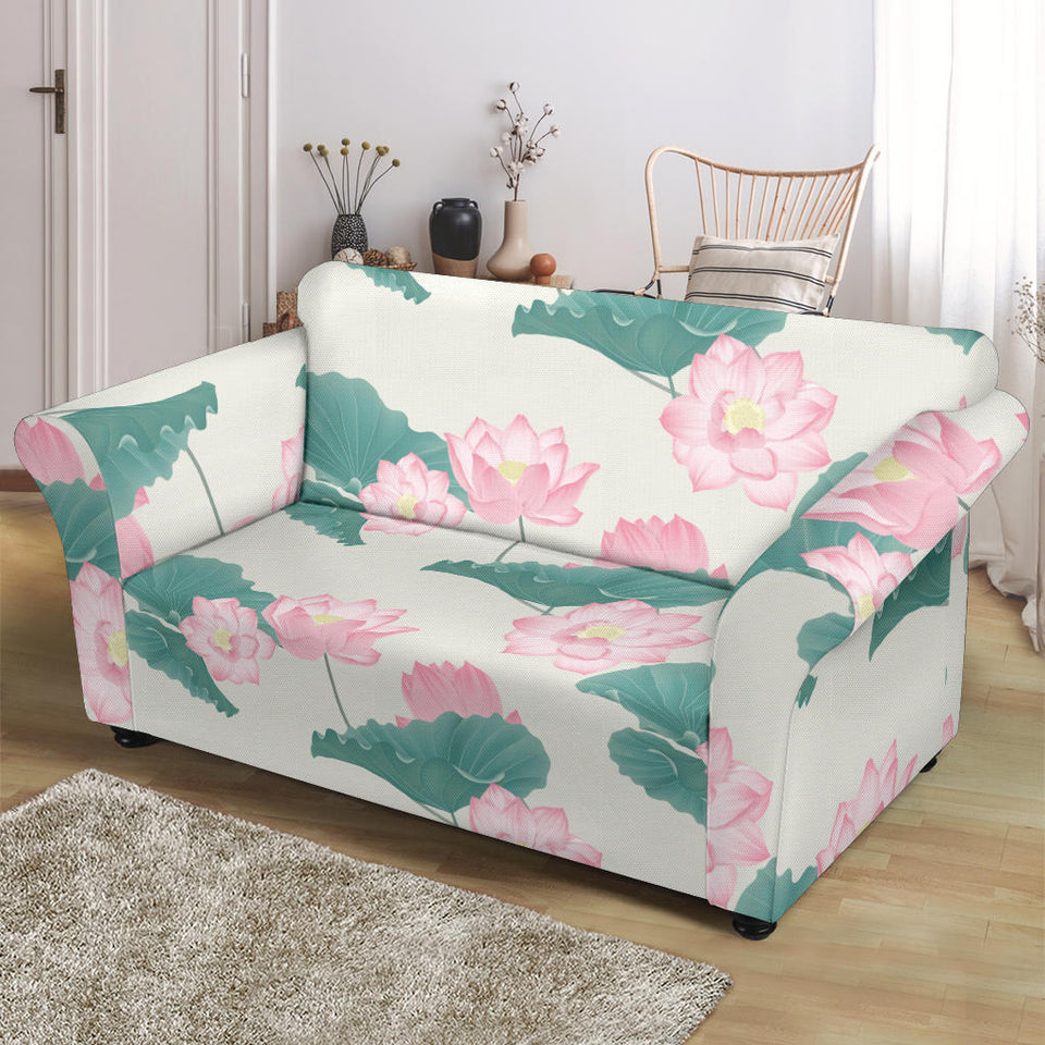 Pink Lotus Waterlily Leaves Pattern Loveseat Couch Slipcover