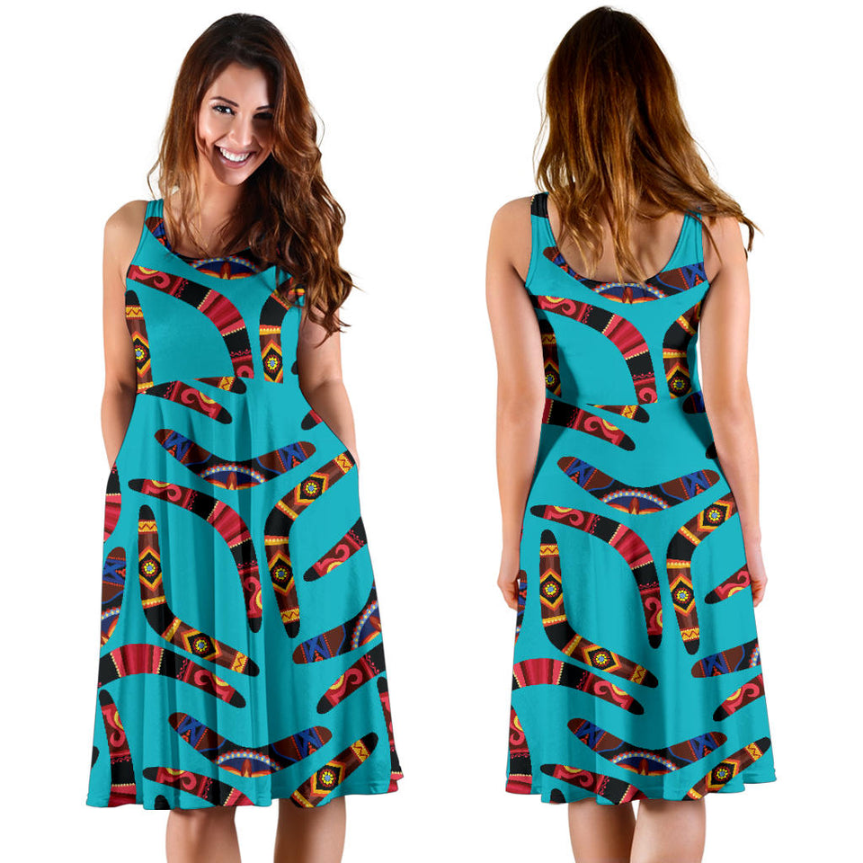Boomerang Australian Aboriginal Ornament Blue Background Sleeveless Midi Dress