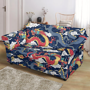 Blue Red Dragon Cloud Pattern Loveseat Couch Slipcover