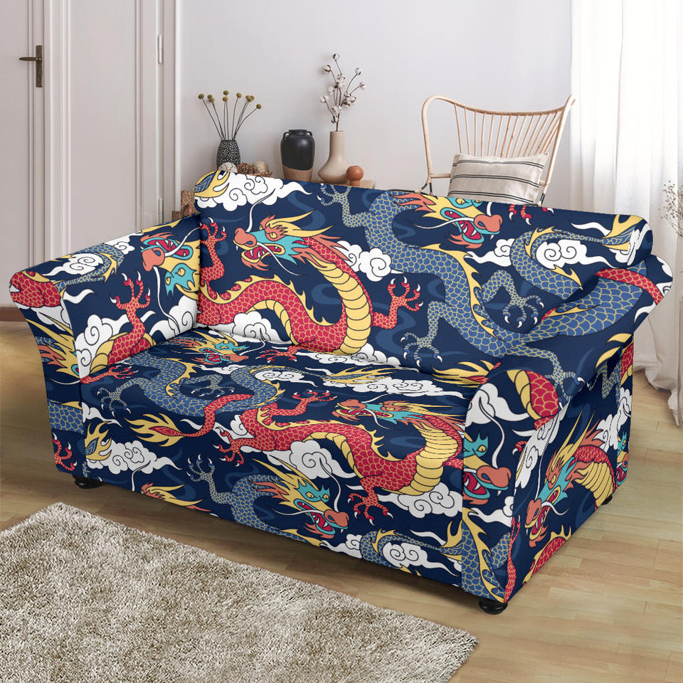 Blue Red Dragon Cloud Pattern Loveseat Couch Slipcover