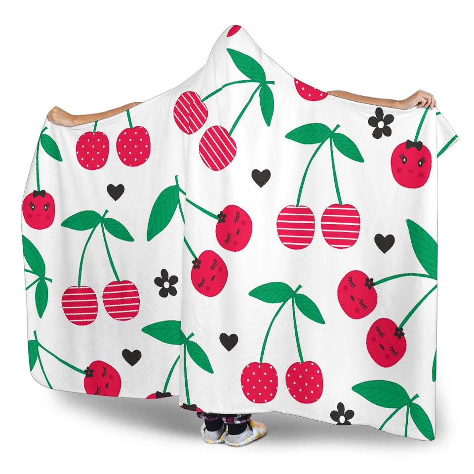 Cherry Pattern White Background Hooded Blanket