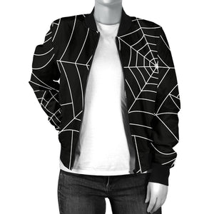 Spider Web Pattern Black Background White Cobweb Women'S Bomber Jacket