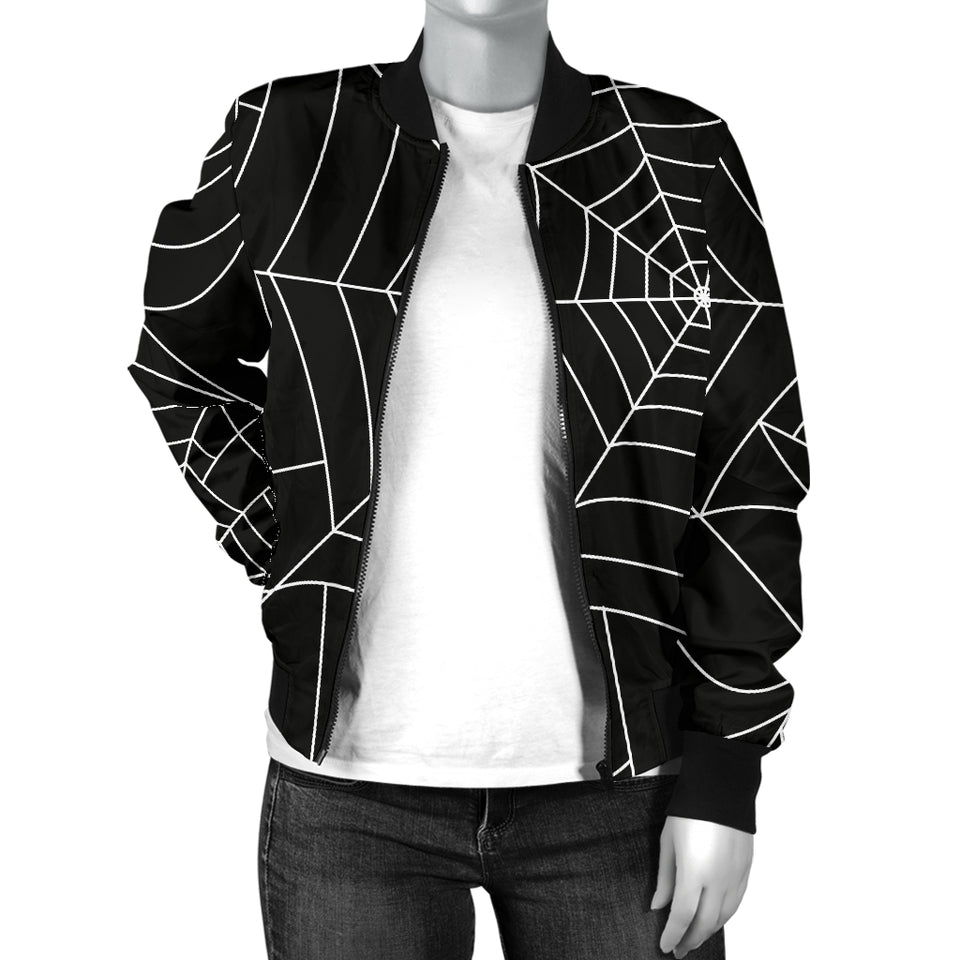 Spider Web Pattern Black Background White Cobweb Women'S Bomber Jacket