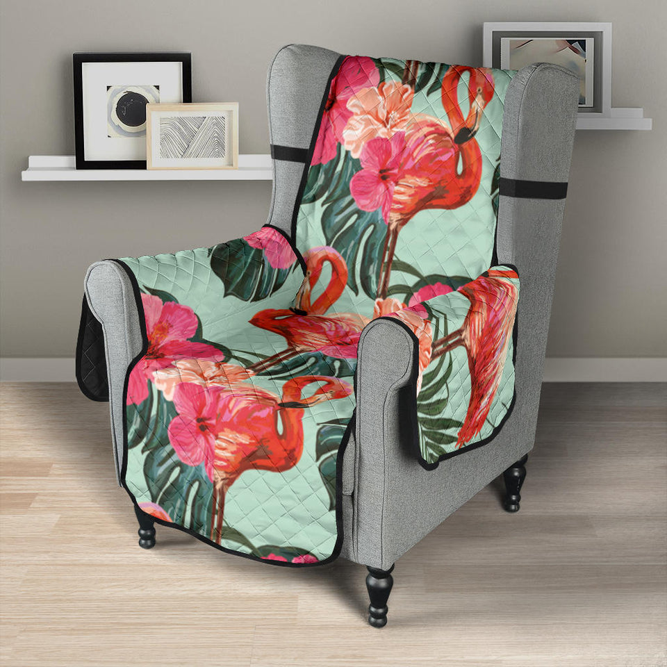 Beautiful flamingo tropical palm leaves hibiscus pateern background Chair Cover Protector