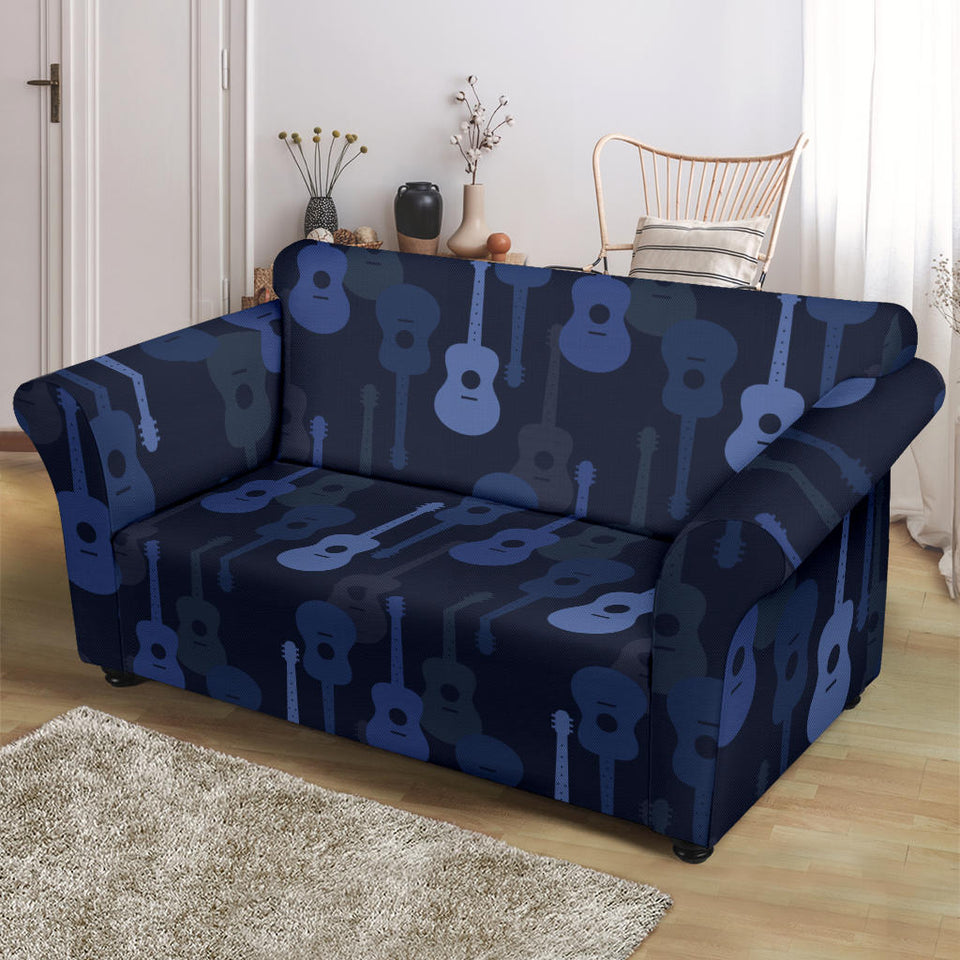 Blue Theme Guitar Pattern Loveseat Couch Slipcover