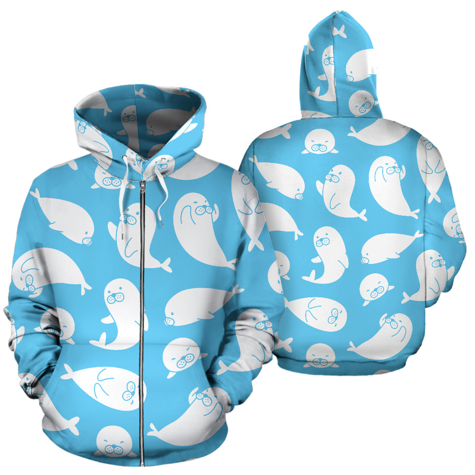 Cute White Sea Lion Seals Pattern Zip Up Hoodie