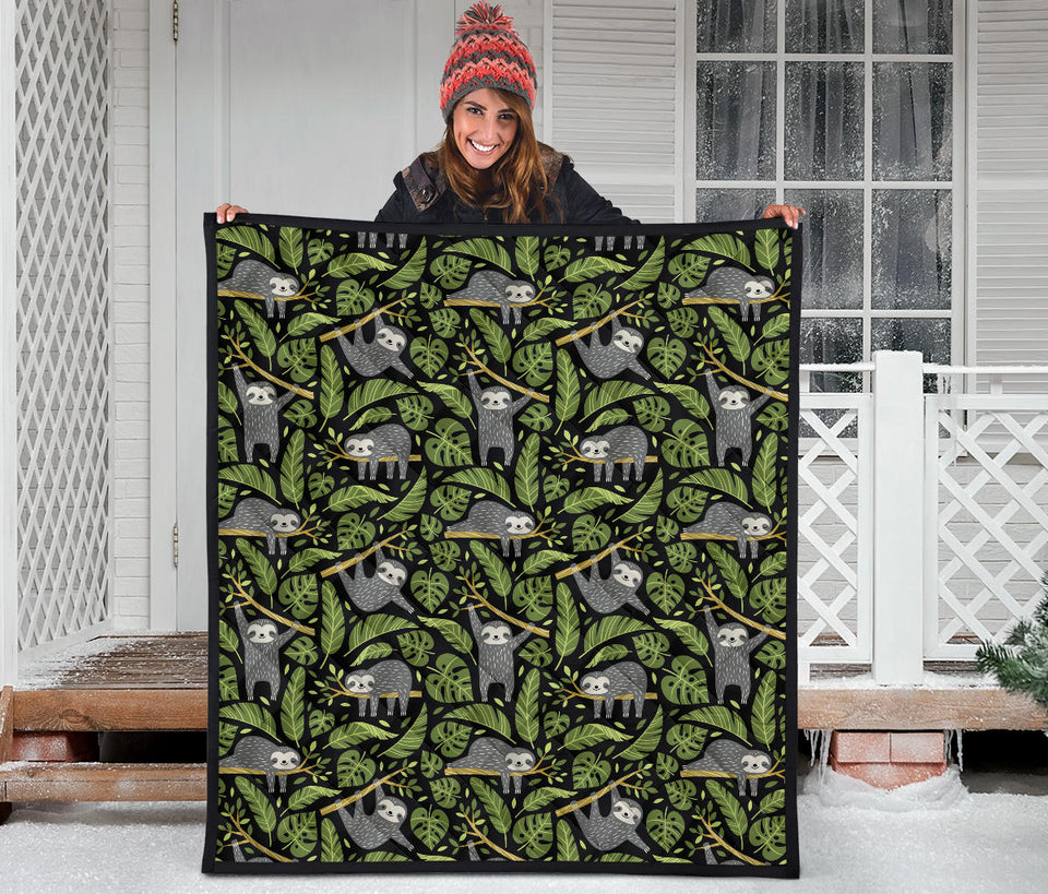 Cute Sloths Tropical Palm Leaves Black Background Premium Quilt
