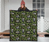 Cute Sloths Tropical Palm Leaves Black Background Premium Quilt