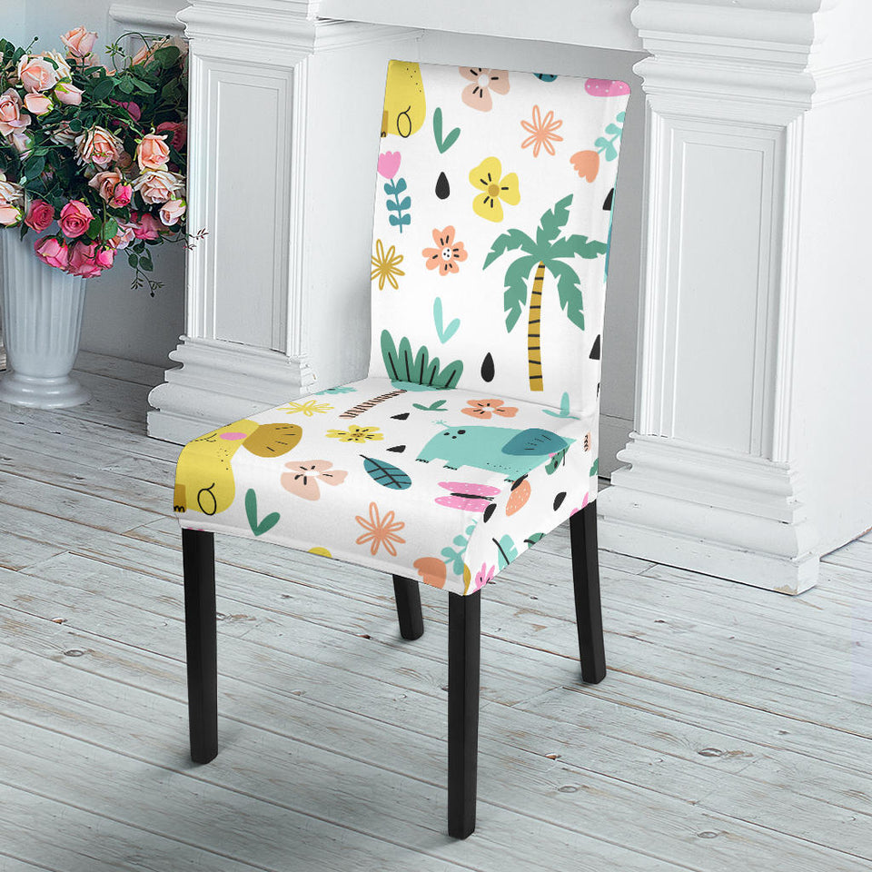 Cute Elephants Palm Tree Flower Butterfly Pattern Dining Chair Slipcover