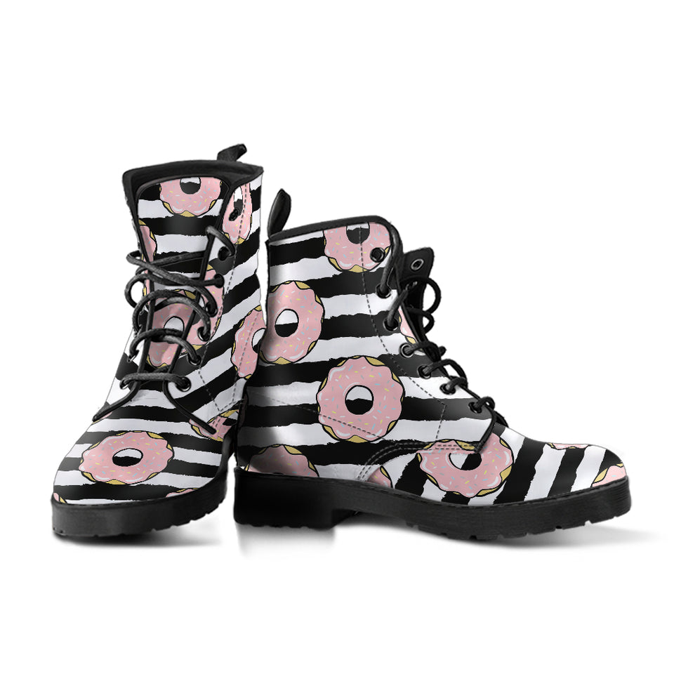 Donuts Pink Icing Striped Pattern Leather Boots