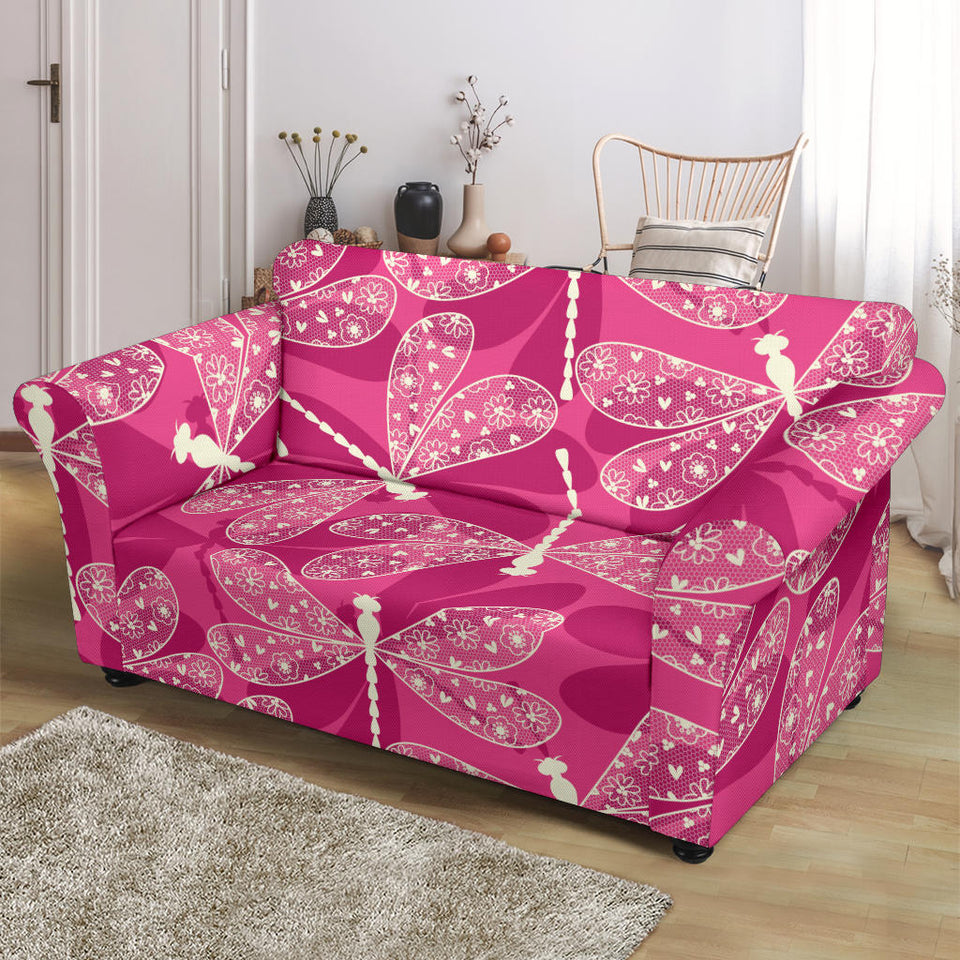 Beautiful Dragonfly Pink Background Loveseat Couch Slipcover
