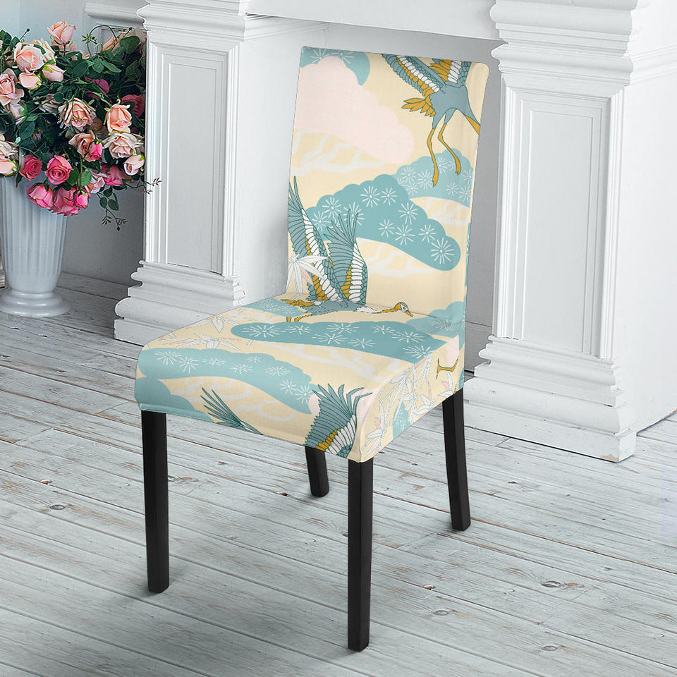 Bonsai Bamboo Stork Japanese Pattern Cream Theme Dining Chair Slipcover