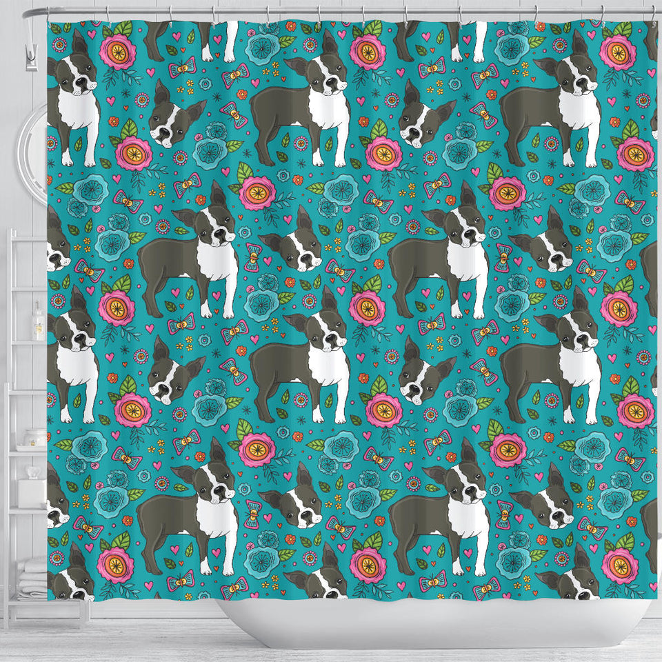 Boston Terrier Beautiful Flower Pattern Shower Curtain Fulfilled In US