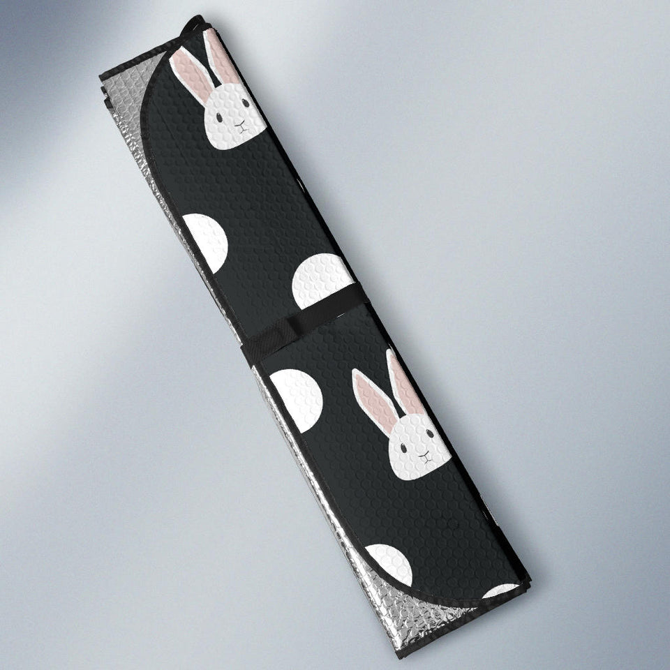 Cute White Rabbit Polka Dots Black Background Car Sun Shade