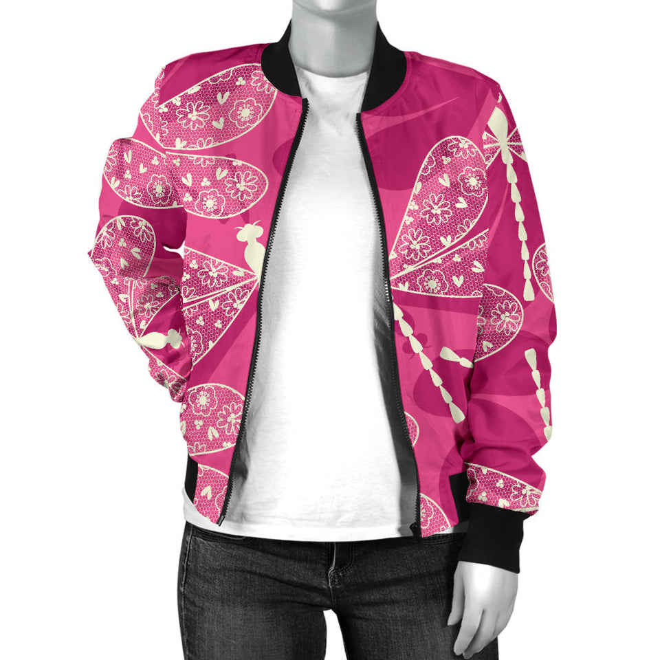 Beautiful Dragonfly Pink Background Women'S Bomber Jacket