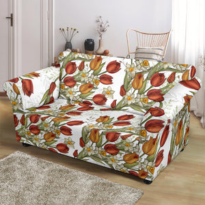 Red Tulips And Daffodils Pattern Loveseat Couch Slipcover