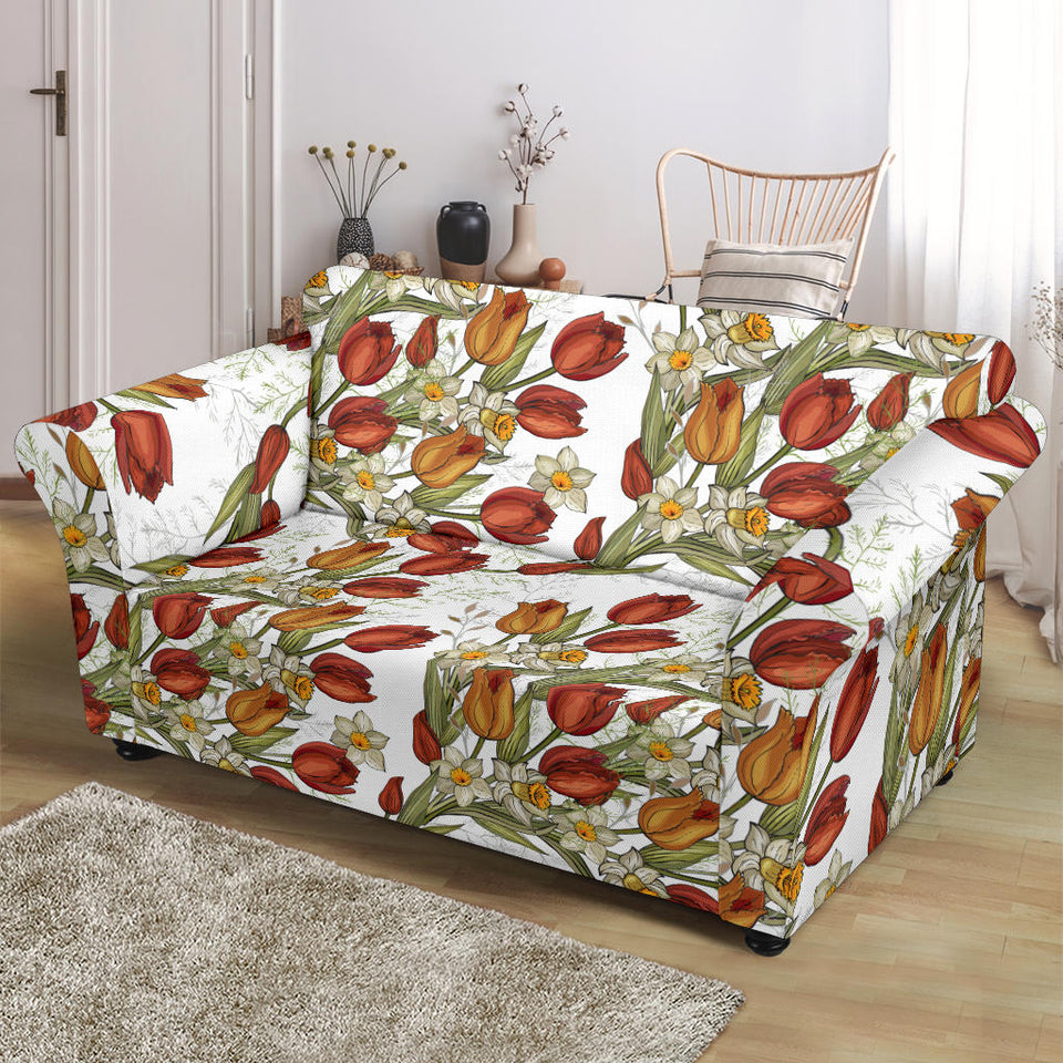Red Tulips And Daffodils Pattern Loveseat Couch Slipcover