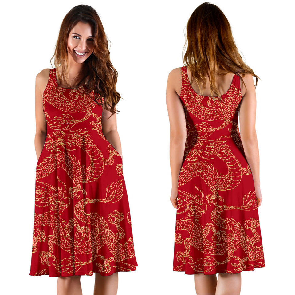 Gold Dragons Red Background Sleeveless Midi Dress