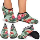 Beautiful Flamingo Tropical Palm Leaves Hibiscus Pateern Background Aqua Shoes