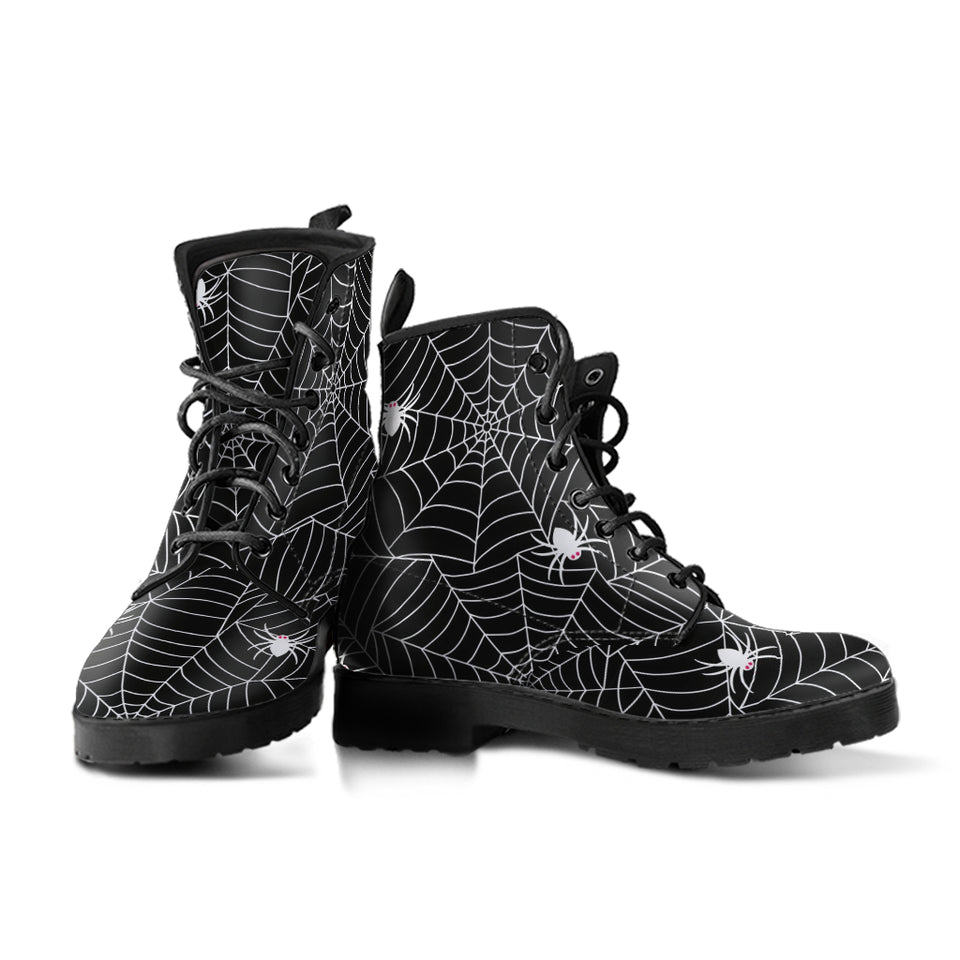 Spider Web Design Pattern Black Background White Cobweb Leather Boots