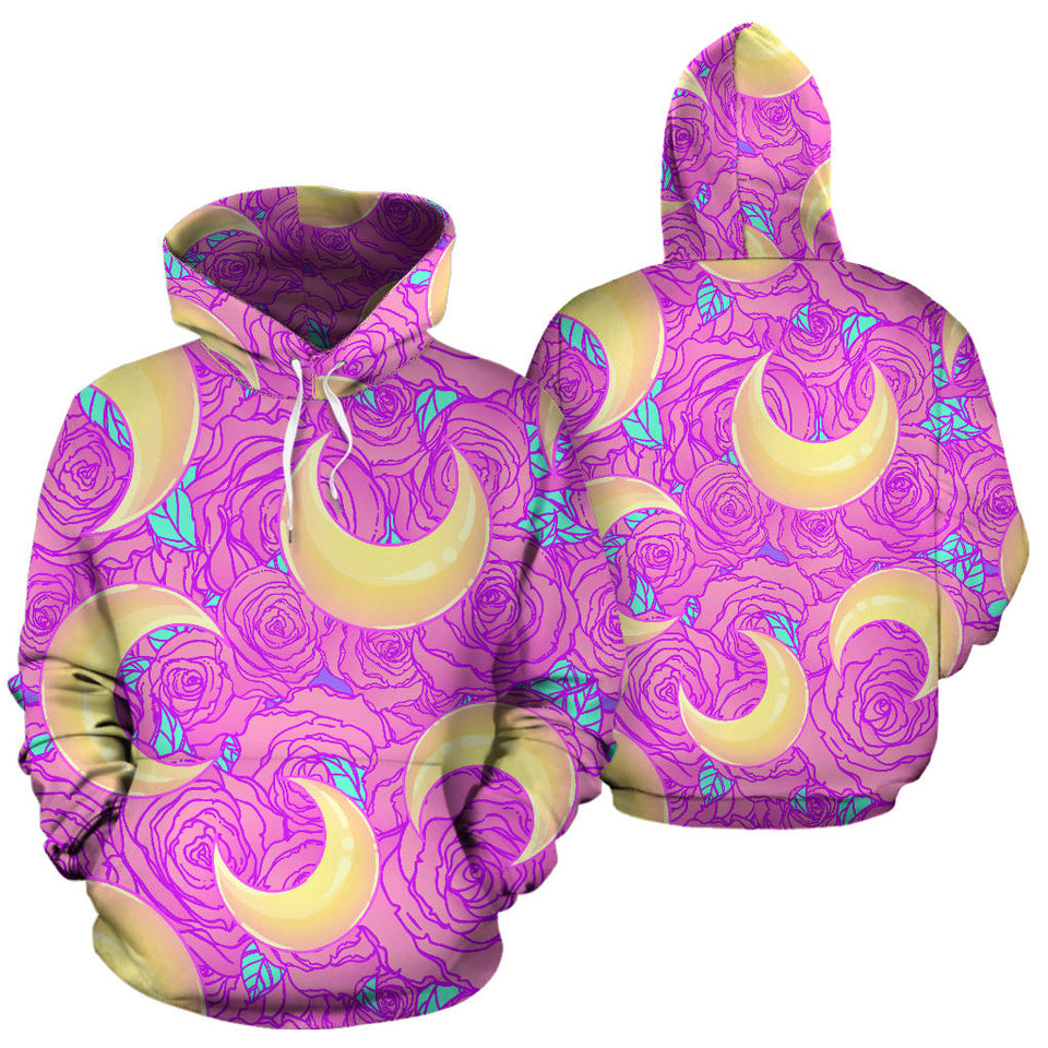 Moon Pink Rose Background Men Women Pullover Hoodie
