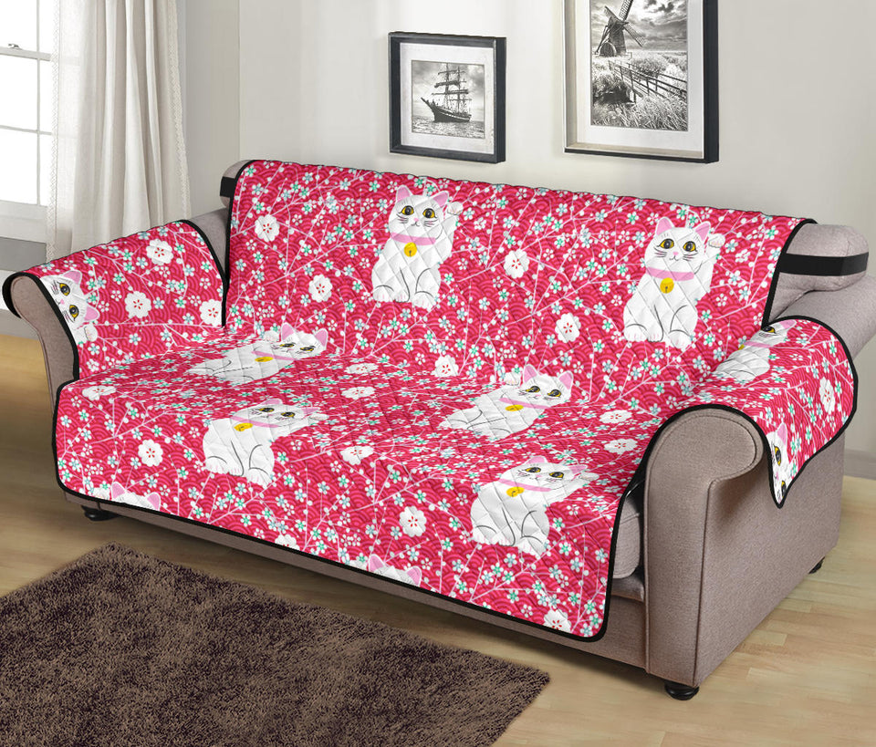 Maneki Neko Lucky Cat sakura pink background Sofa Cover Protector