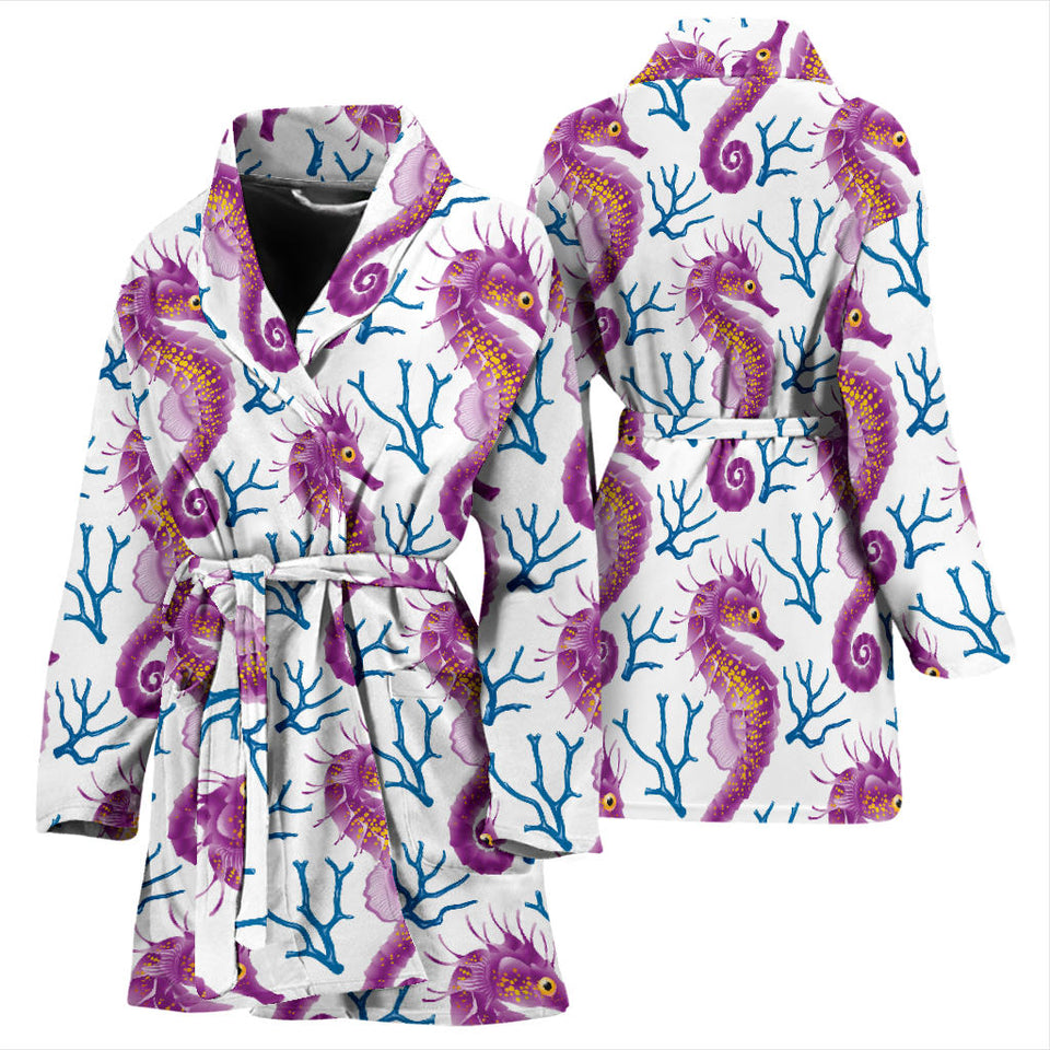 Purple Seahorse Blue Coral Pattern Women'S Bathrobe