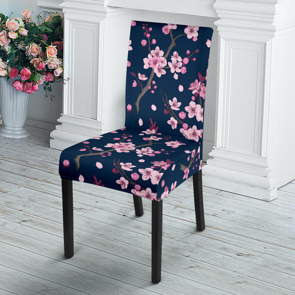 Pink Sakura Cherry Blossom Blue Background Dining Chair Slipcover