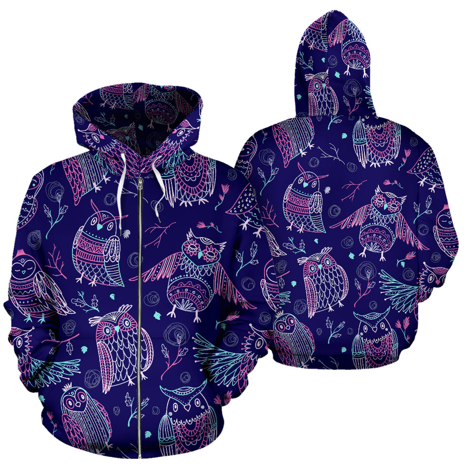 Cute Owls Pattern Boho Style Ornament Zip Up Hoodie