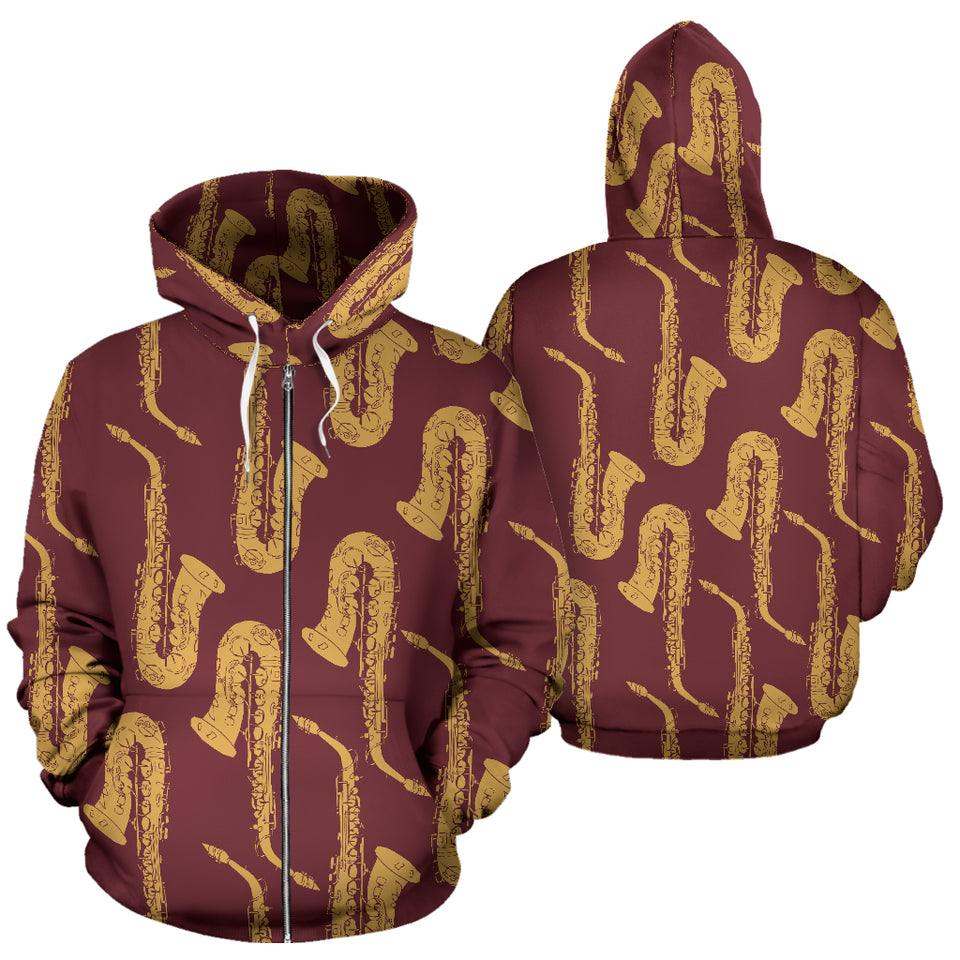 Hand Drawn Gold Saxophone Red Background  Zip Up Hoodie