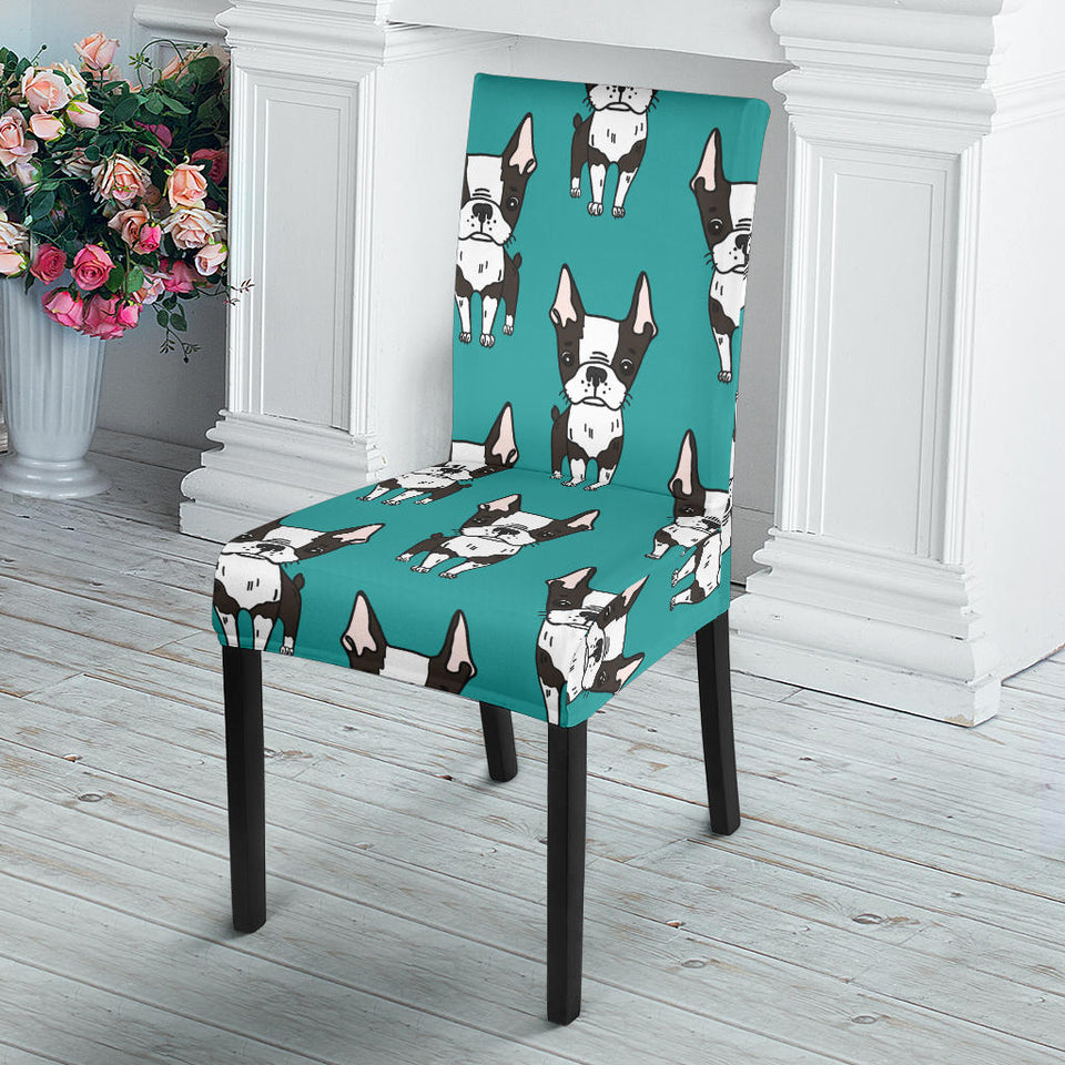 Hand Drawn Boston Terrier Dog Pattern Dining Chair Slipcover