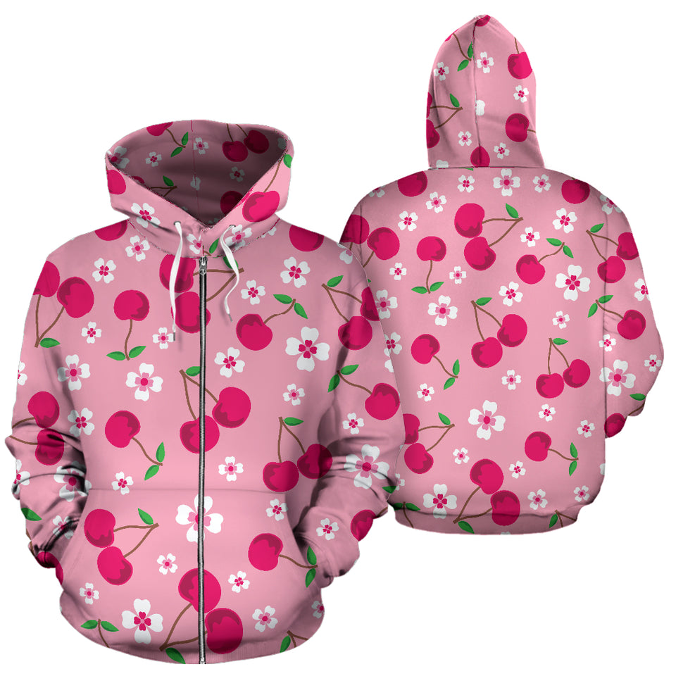 Cherry Flower Pattern Pink Background Zip Up Hoodie