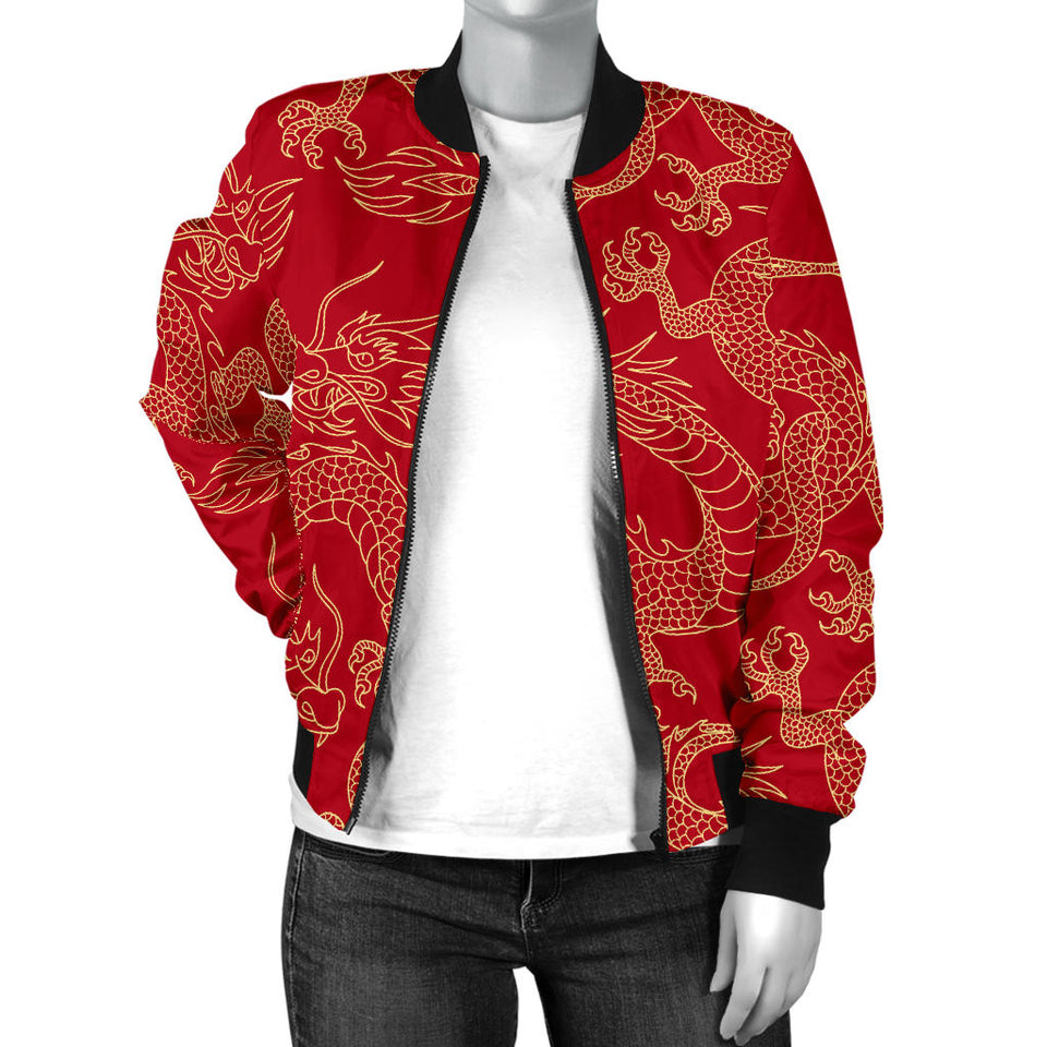 Gold Dragons Red Background Women'S Bomber Jacket