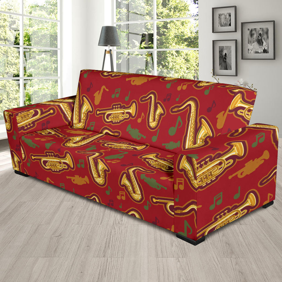 Saxophone Cornet Pattern Red Background Sofa Slipcover