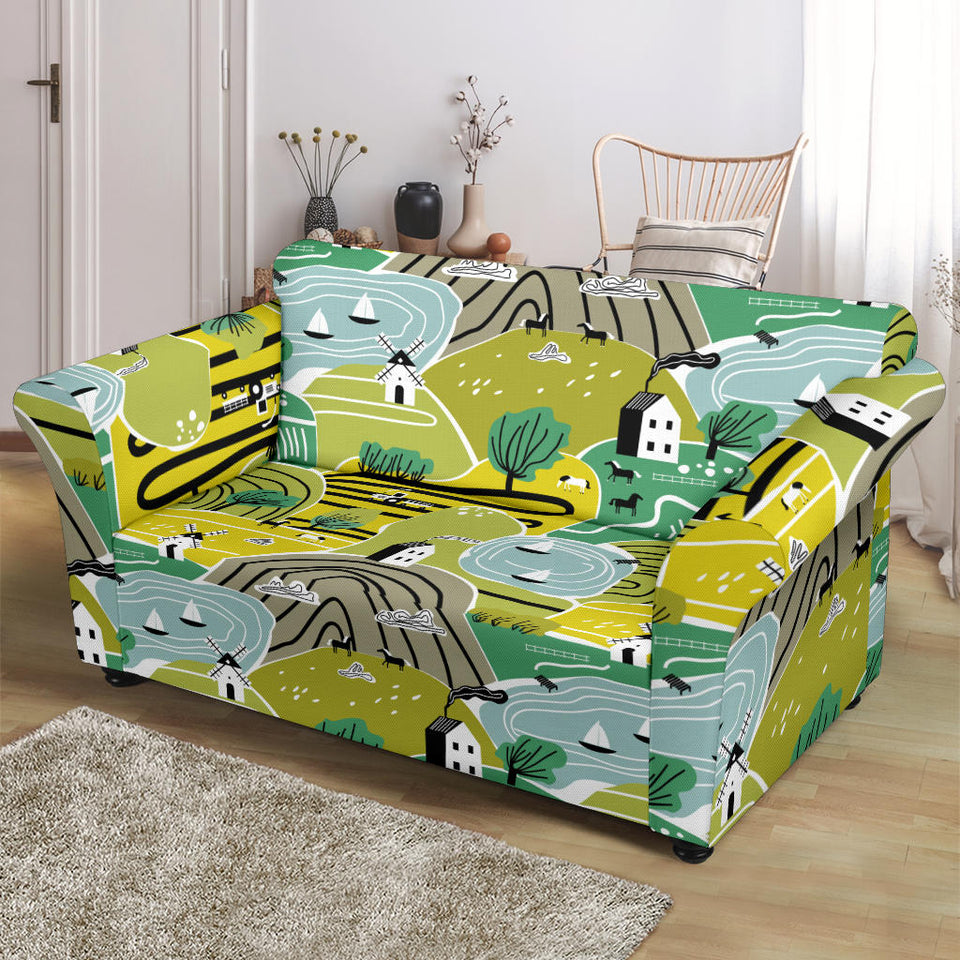 Hand Drawn Windmill Pattern Loveseat Couch Slipcover