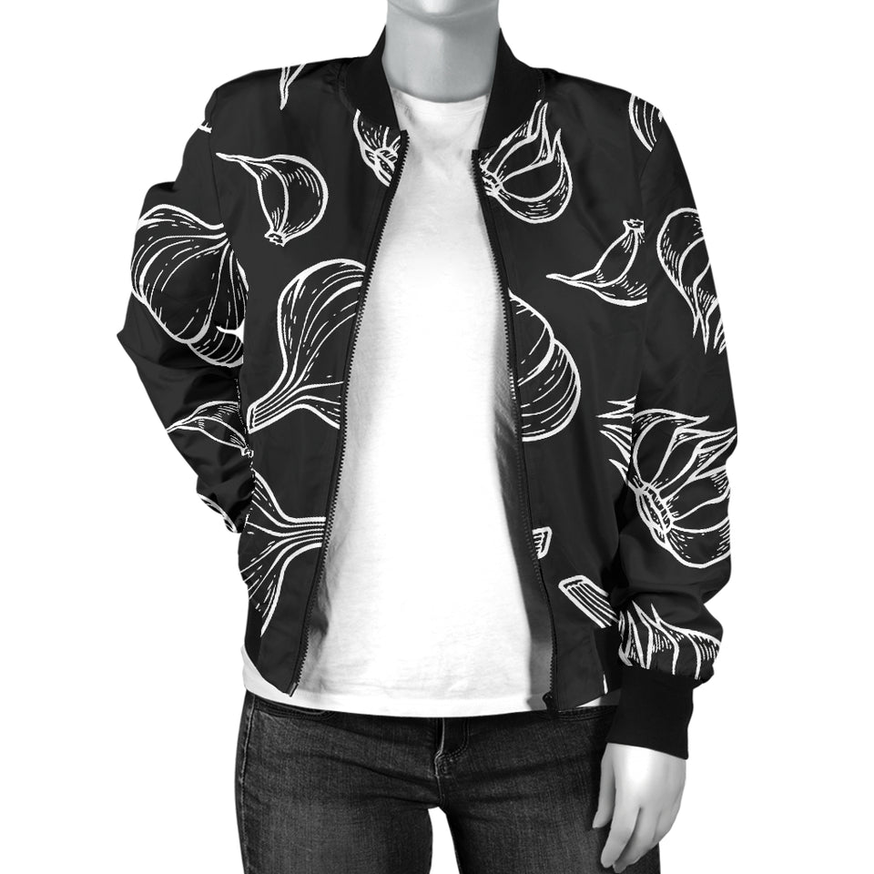 Garlic Pattern Black Background Women'S Bomber Jacket