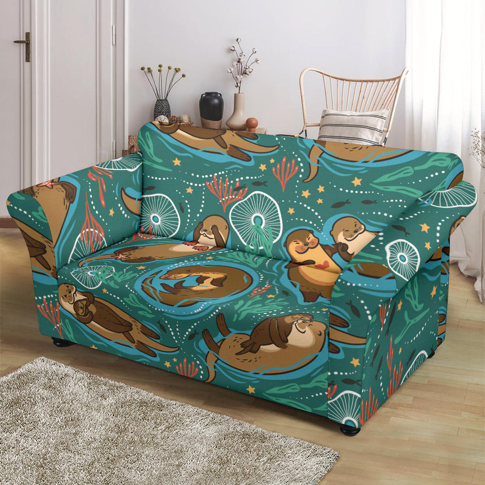 Cute Brown Sea Otters Ornamental Seaweed Corals Green Water Loveseat Couch Slipcover