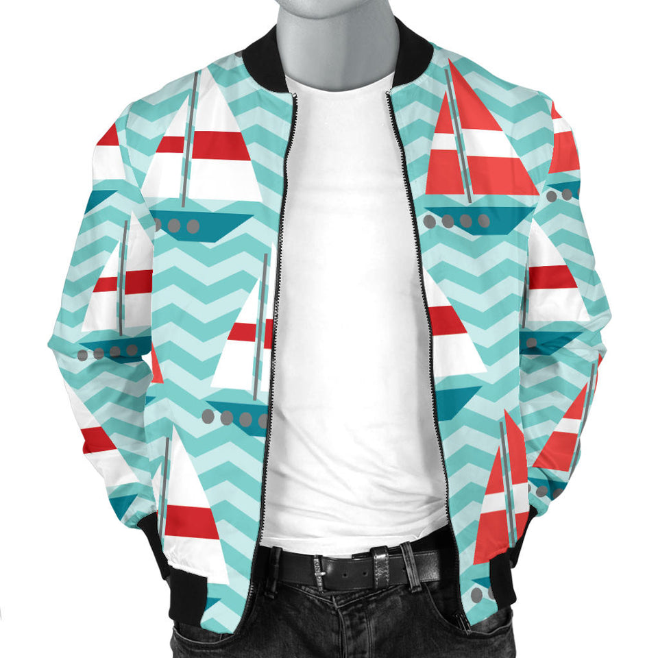 Red White Sailboat Wave Background Men'S Bomber Jacket
