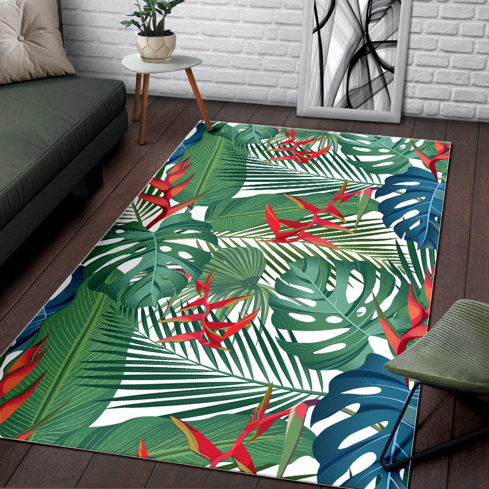 Heliconia Palm And Monstera  Leaves Pattern Area Rug