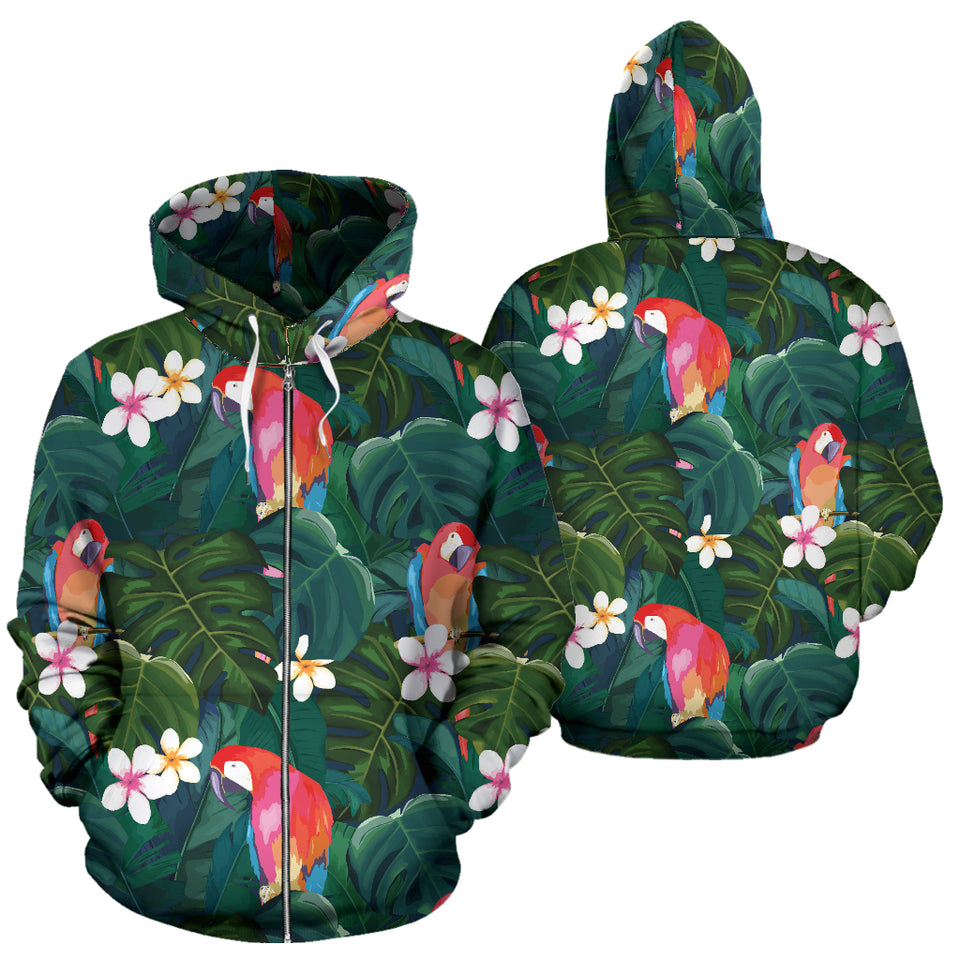 Parrot Palm Tree Leaves Flower Hibiscus Pattern Zip Up Hoodie