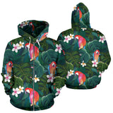 Parrot Palm Tree Leaves Flower Hibiscus Pattern Zip Up Hoodie