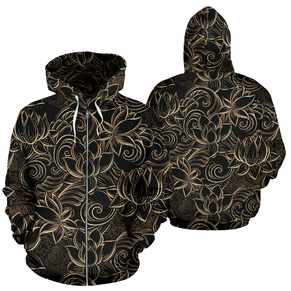 Luxurious Gold Lotus Waterlily Black Background Zip Up Hoodie