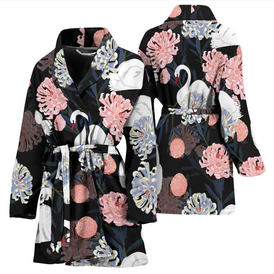 White Swan Blooming Flower Pattern Women'S Bathrobe